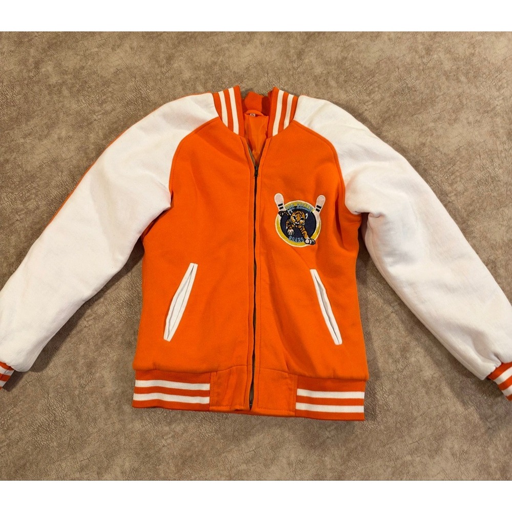 Kids Varsity Bomber Jacket XL Orange White Tiger Bowling Patch Gutterball N48